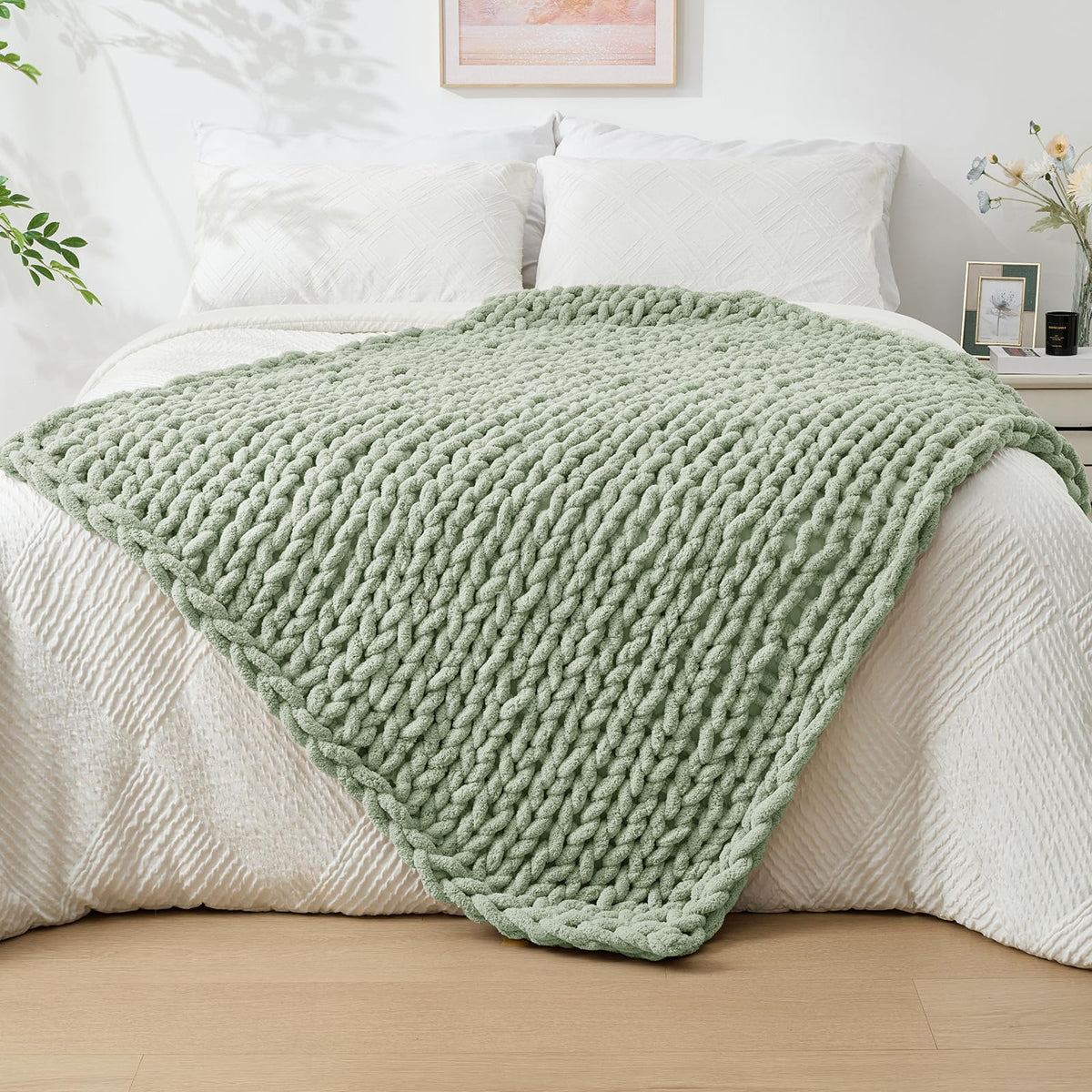 Bigacogo Chunky Knit Throw Blanket for Couch, 40x60 inches, Beige