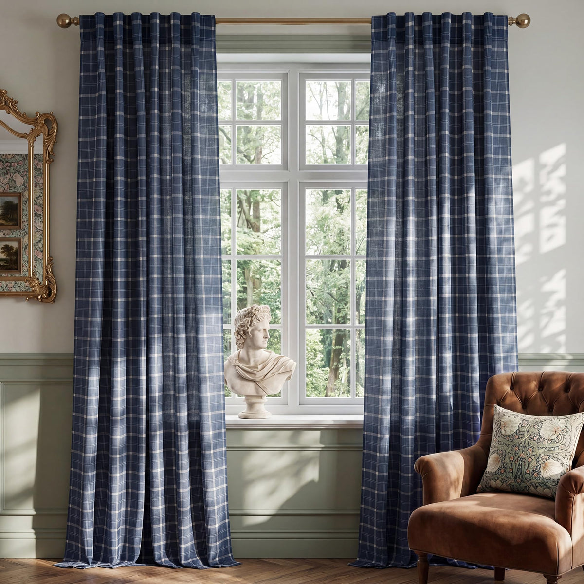 NICETOWN Moss Green Linen Plaid Curtains 96 inches Long for Bedroom