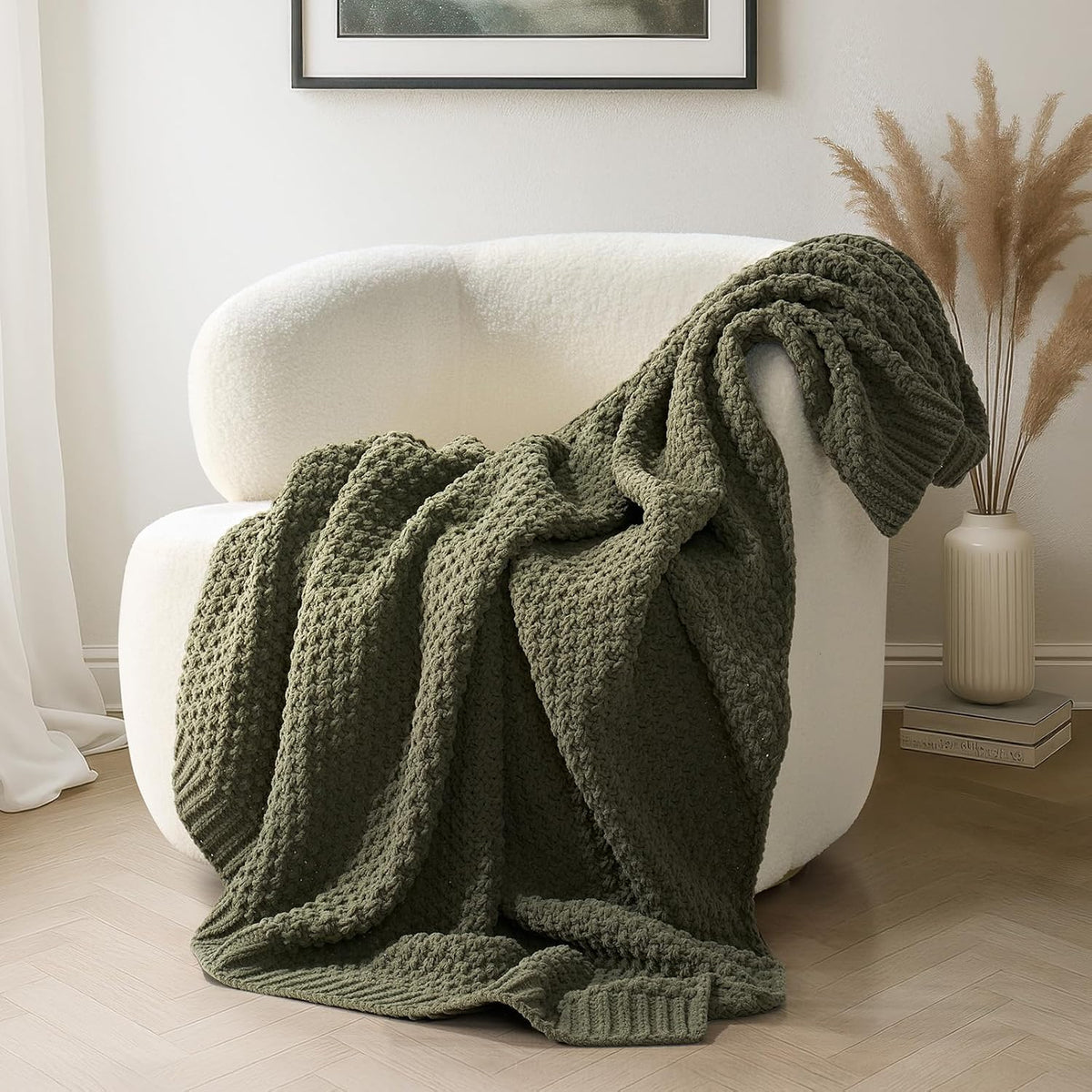 EVERGRACEHOME Chunky Chenille Knit Throw Blanket, 50 x 60, Olive Green
