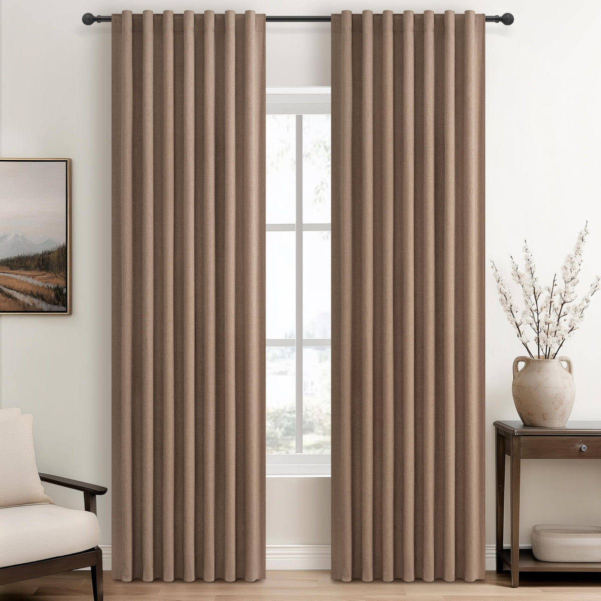 100% Blackout Curtains 84 Inch Length 2 Panels Set Farmhouse Style for Bedroom Windows/Living Room Thermal Insulated Neutral Boho Drapes Linen Blend Natural Ivory 7ft Long Hook Belt Pleated/Back Tab