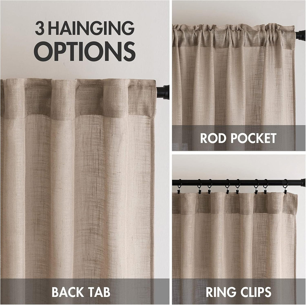 MIULEE Taupe Linen Curtains 52x84 Inch Length for Bedroom and Living Room