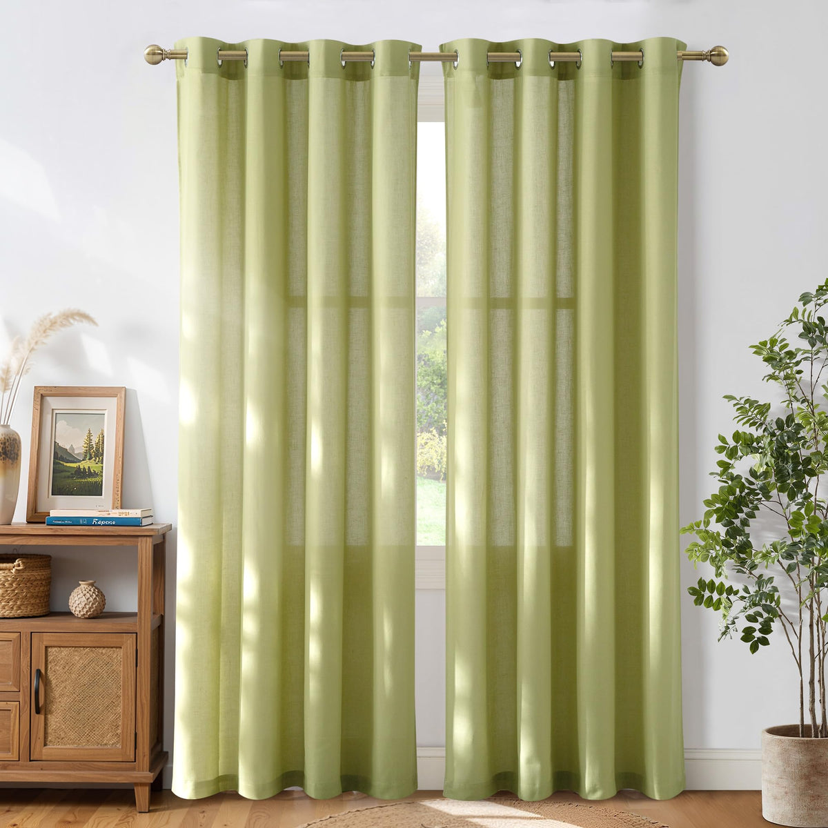 NICETOWN Natural Linen Curtains 84 inch Long 2 Panels Set, Grommet Top Thick Linen Burlap Semi Sheer Vertical Drapes Privacy Assured with Light Filtering for Bedroom/Living Room, W55 x L84