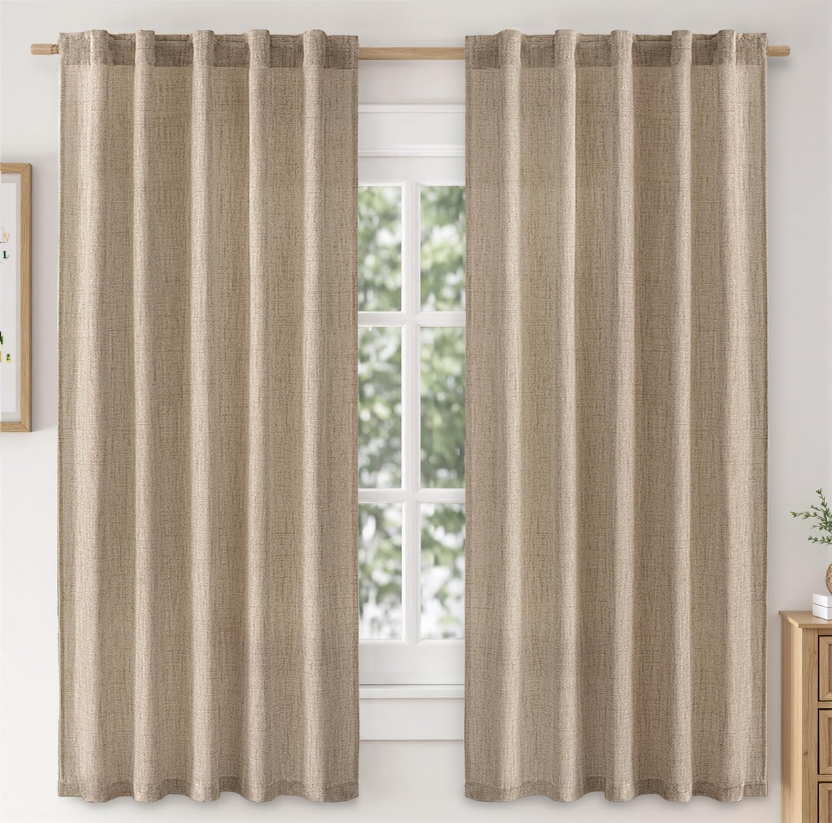 MIULEE Faux Linen Curtains 90 Inch Length 2 Panels Natural Semi Sheer Curtain with Back Tab Rod Pocket, Light Filtering Window Privacy Burlap Drapes for Living Room Bedroom 42W x 90L Linen