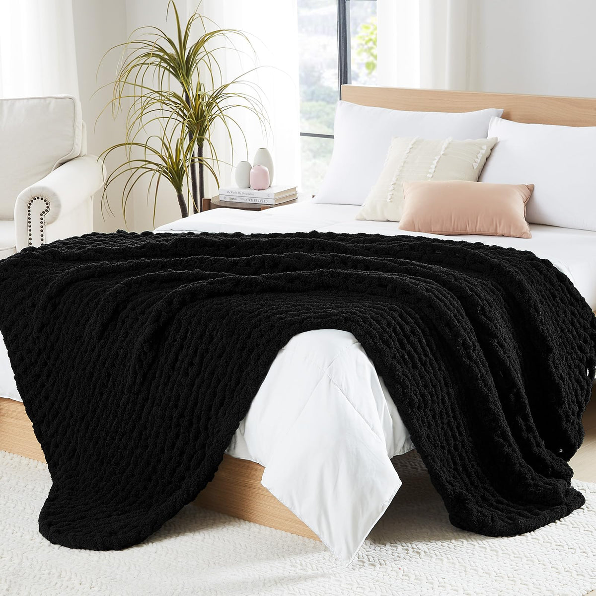 L'AGRATY Chunky Knit Throw Blanket for Couch, 50'' x 60'' Knit Throw, Ivory