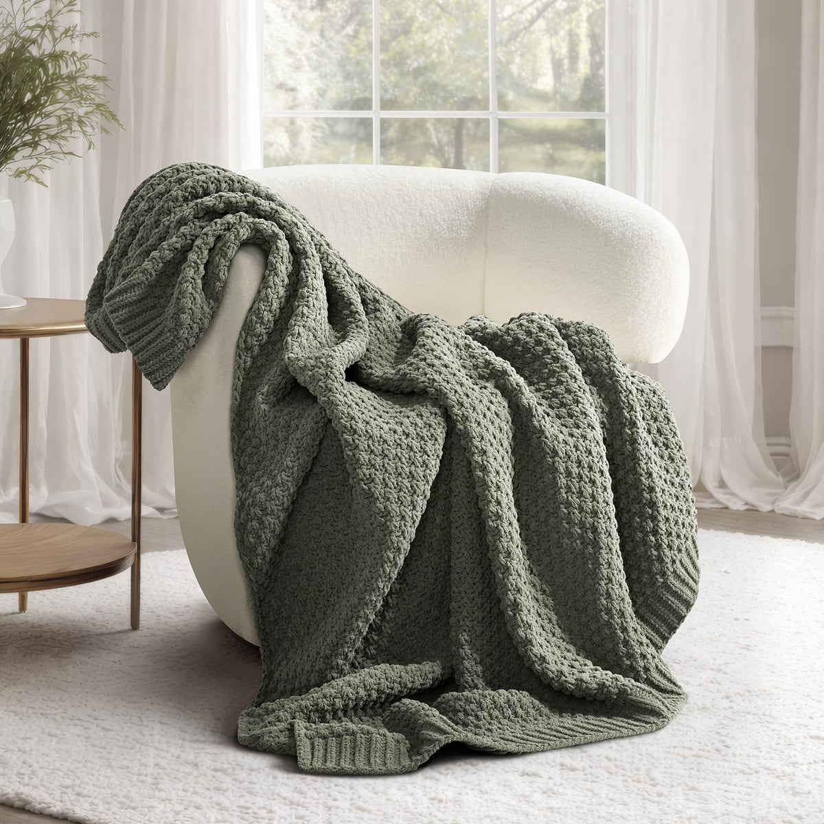 EVERGRACEHOME Chunky Chenille Knit Throw Blanket, 50 x 60, Olive Green