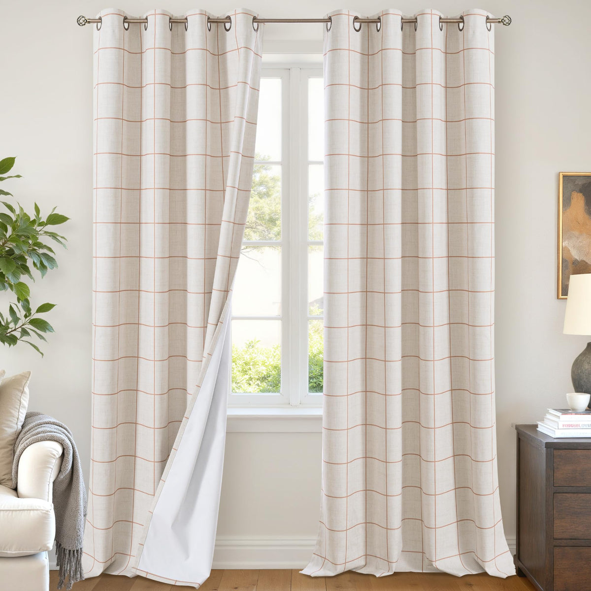 Lajode Linen Blackout Curtains - Boho Plaid 52x84 Inch 2 Panels, Natural