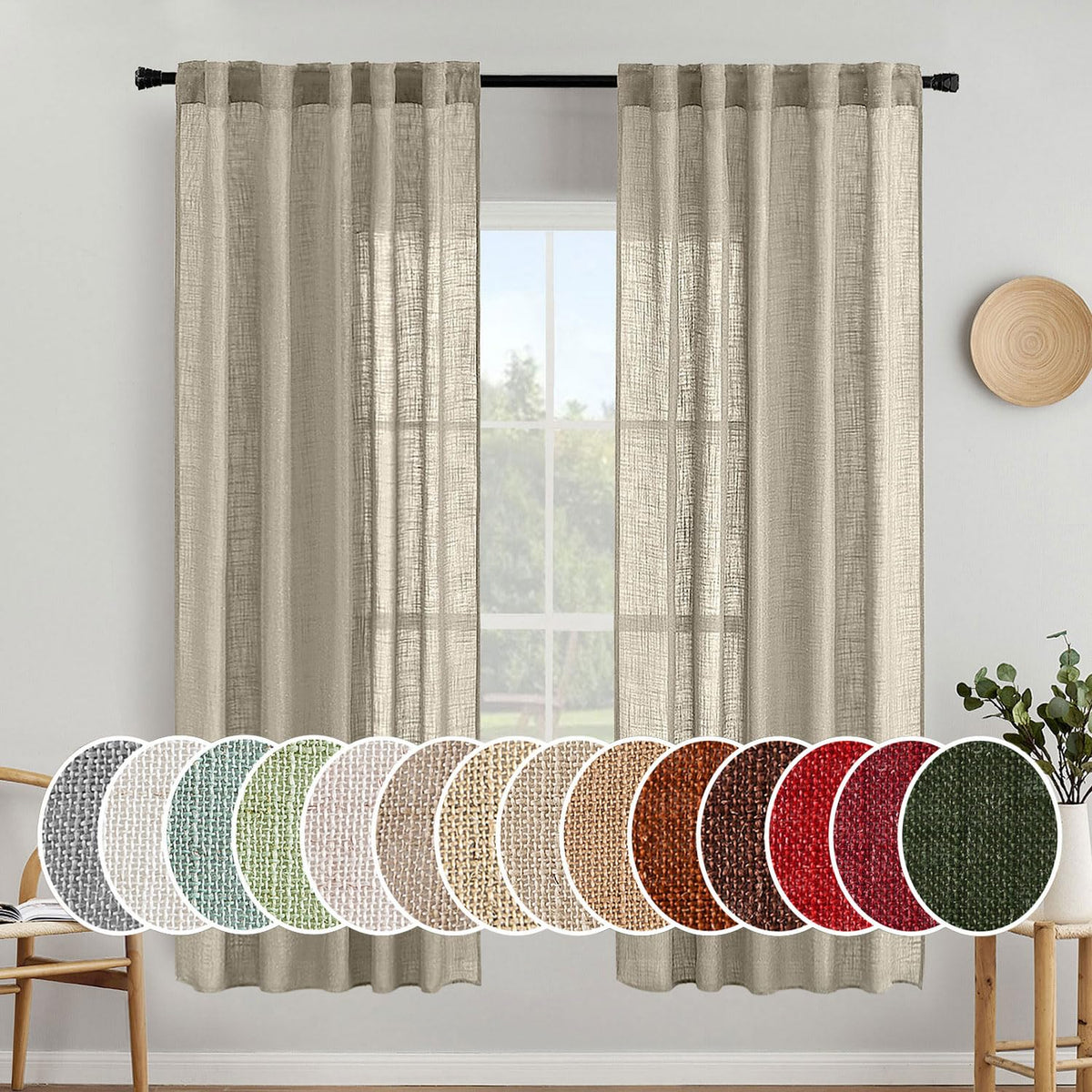 MIULEE Natural White Linen Curtains 52x90 Inch Long 2 Panels for Bedroom