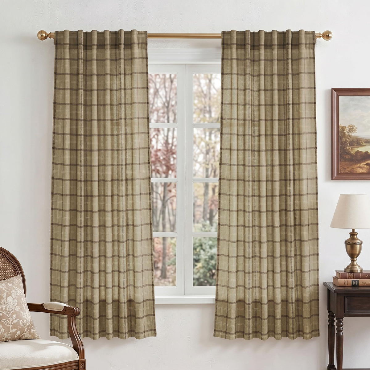 NICETOWN Moss Green Linen Plaid Curtains 96 inches Long for Bedroom