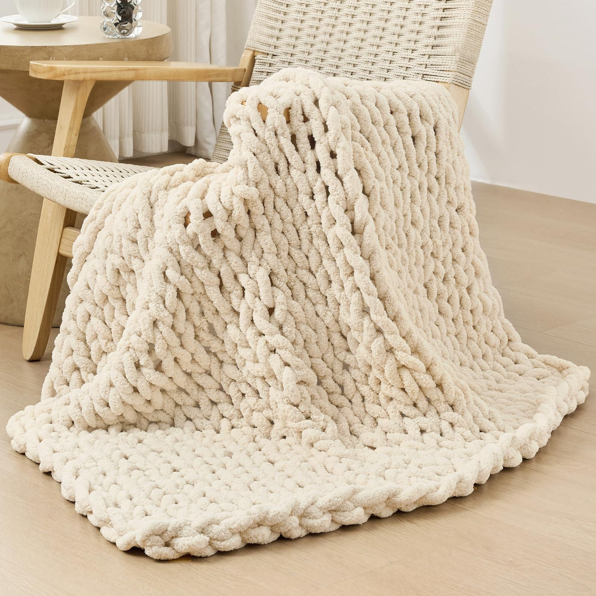 Bigacogo Chunky Knit Throw Blanket for Couch, 40x60 inches, Beige