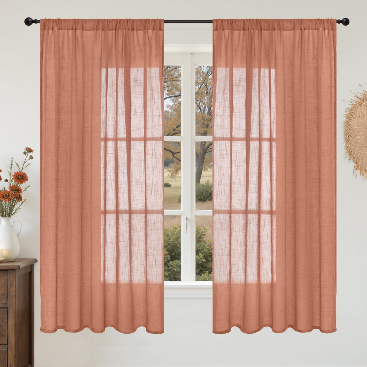 BGment Tan Linen Curtains 84 Inch Length 2 Panels Burlap Semi Sheer Drapes