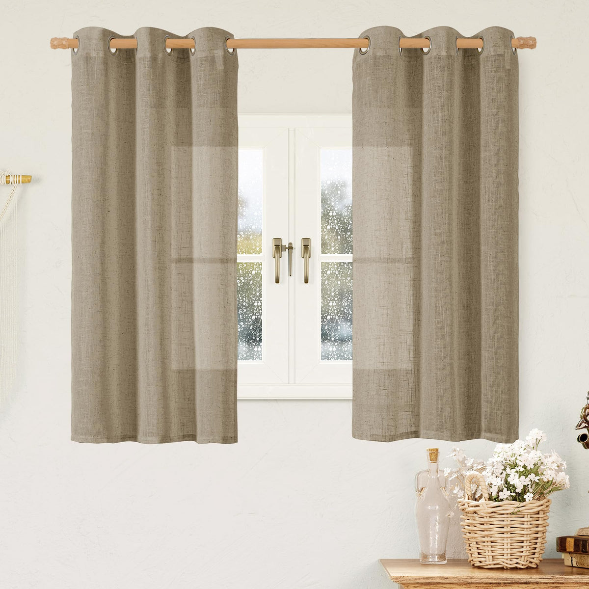 LAMIT Cream Ivory Linen Semi Sheer Curtains 84 inch Length for Bedroom