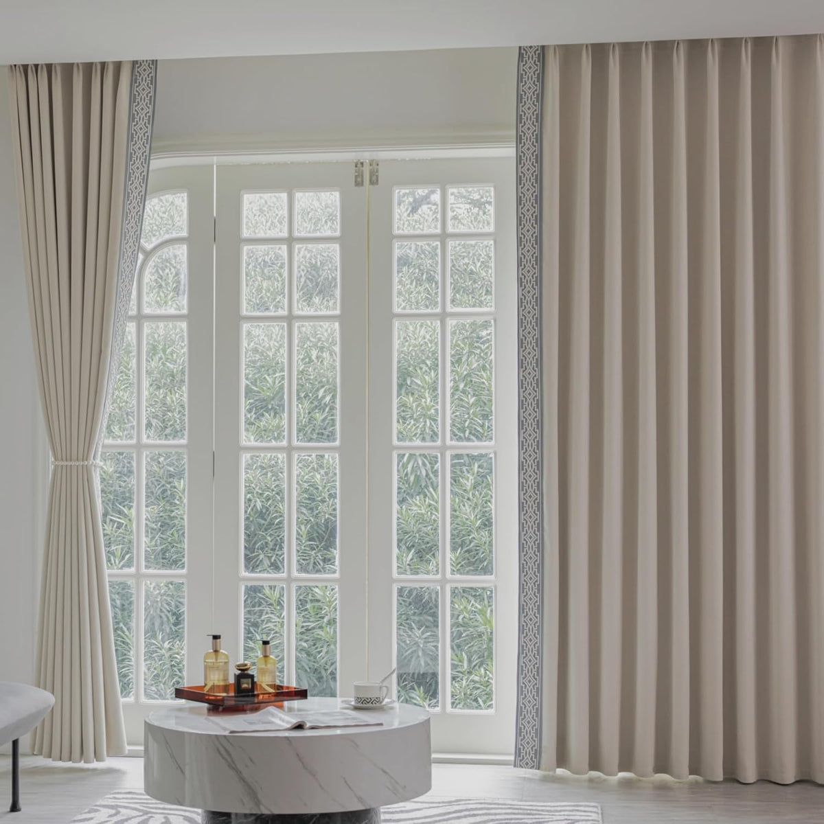 VisionaryHomeDesign Ivory Cream Cotton Blend Curtain Panels with Trim Design, Pinch Pleat Curtains, Blackout Curtains for Sliding Patio Doors Bedroom (Set of 2) (52W x 96L)
