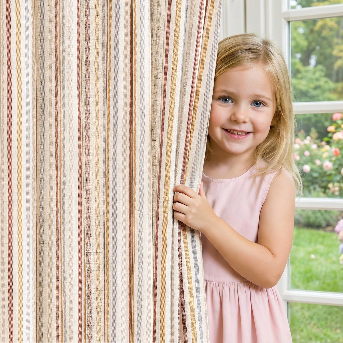 jinchan Linen Curtains 84 Inch Taupe Grey Stripe on Beige Grommet 2 Panels