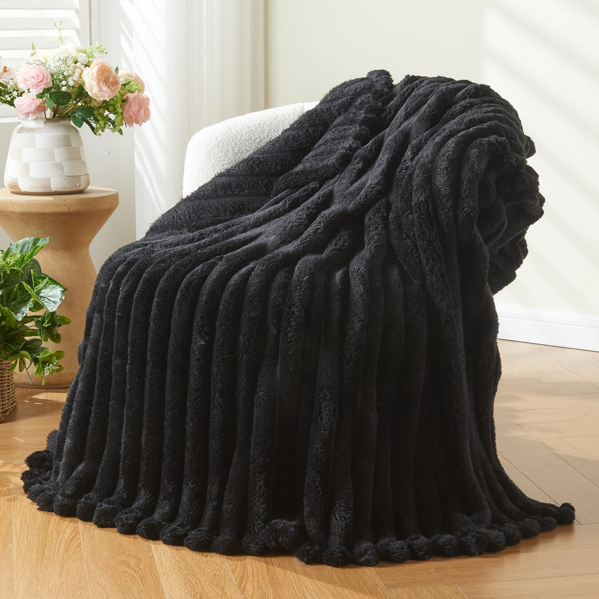 NEWCOSPLAY Fleece Ribbed Cozy Throw Blanket for Couch, Pink, 50"x60"