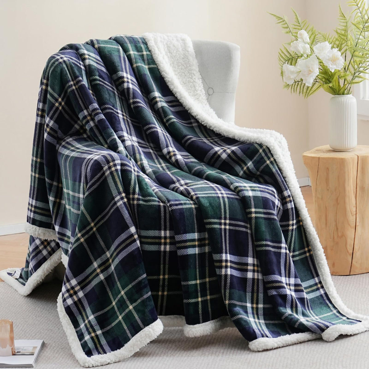 PU MEI Sherpa Fleece Throw Blanket 60" x 80" Reversible Plush Fluffy Large Big Blanket Lattice Flannel Blankets for Sofa Couch Bed (Grey-Soft Blue, 60"*80")