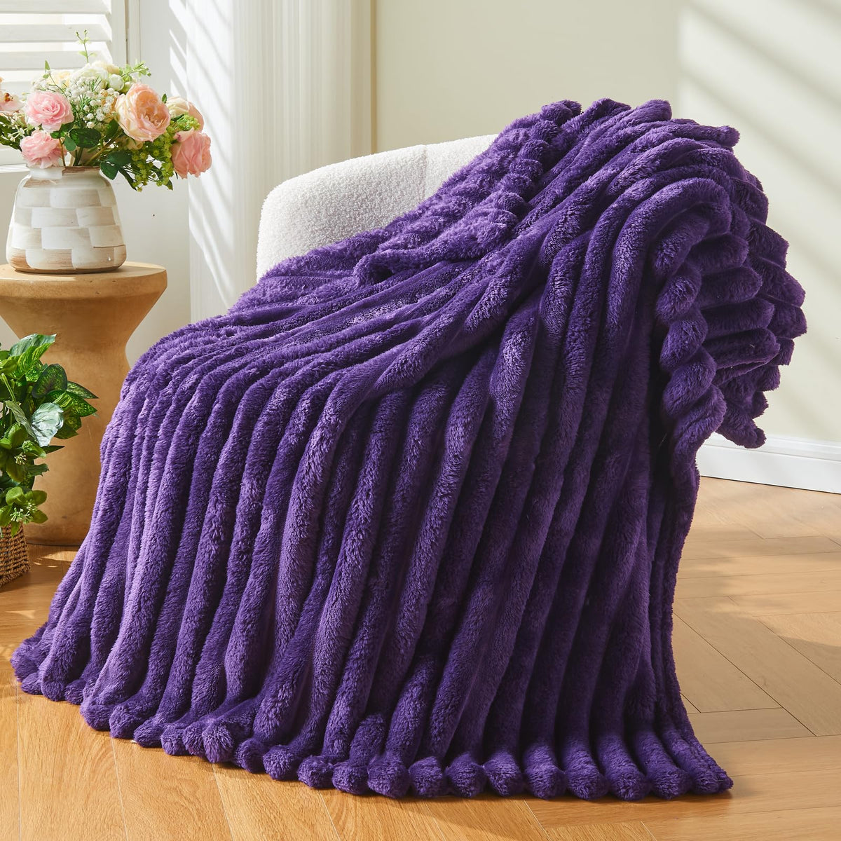 NEWCOSPLAY Fleece Ribbed Cozy Throw Blanket for Couch, Pink, 50"x60"