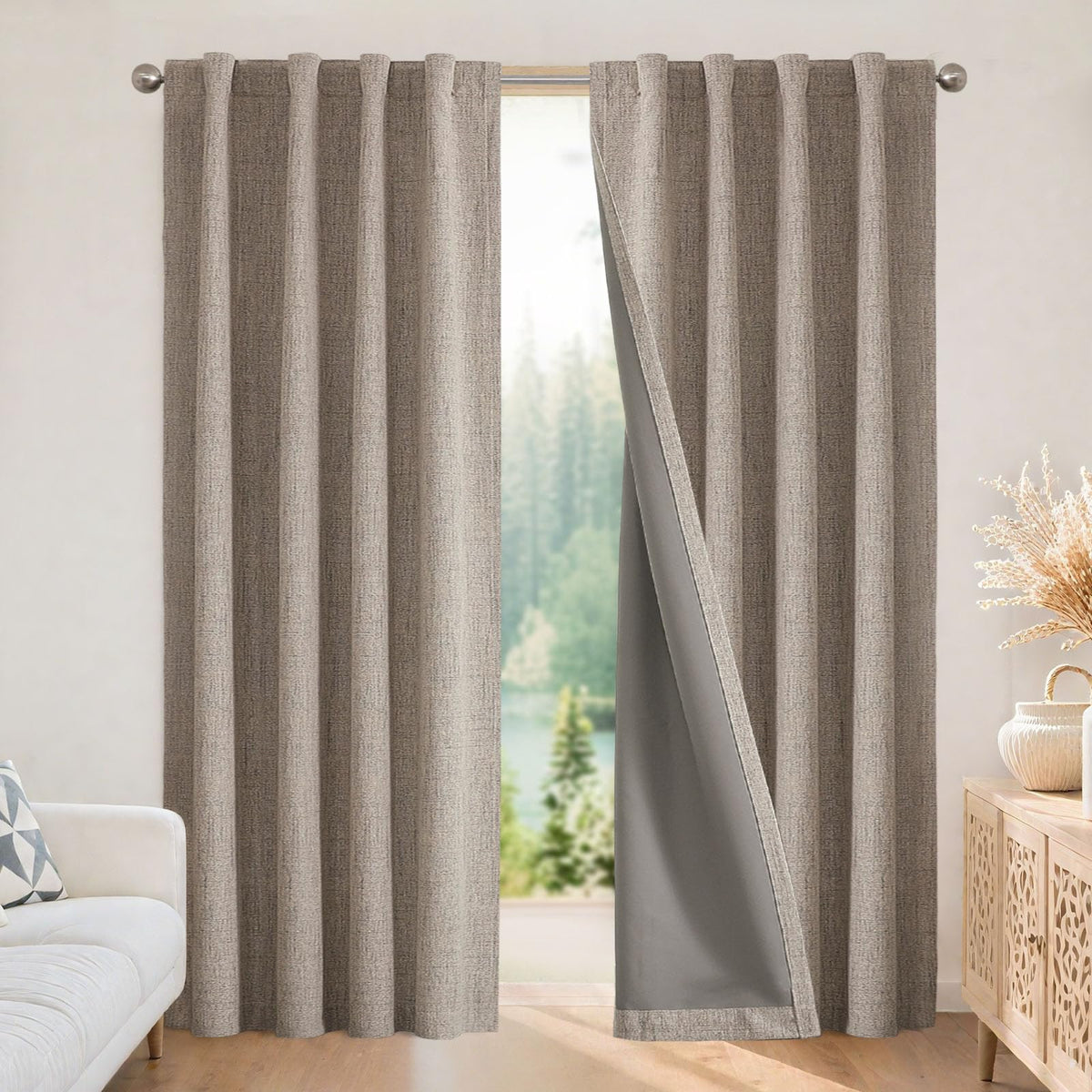 Joydeco Blackout Curtains for Bedroom - 84 Inch Long 100% Light Blocking 2 Panels Light Beige Drapes, Thermal Insulated Room Darkening Curtains, Linen Textured for Living Room, Rod Pocket & Back Tabs