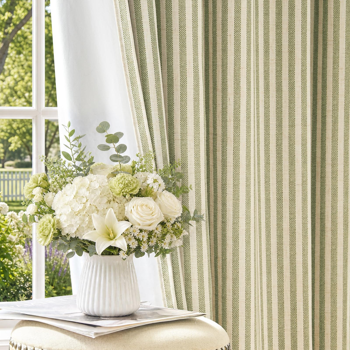 jinchan Linen Curtains 84 Inch Taupe Grey Stripe on Beige Grommet 2 Panels