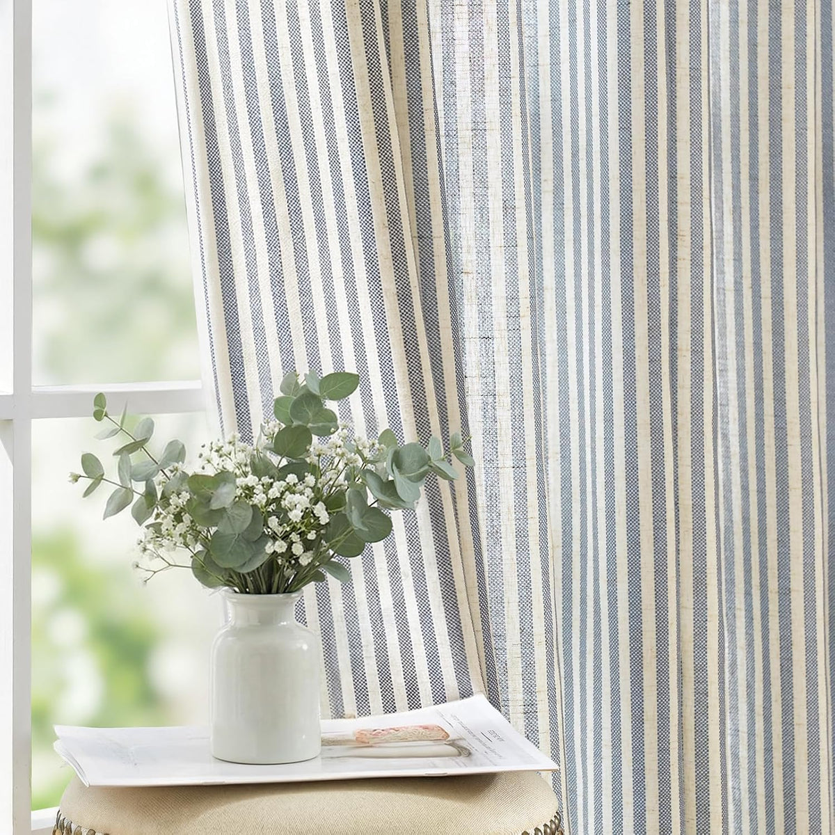 jinchan Linen Curtains 84 Inch Taupe Grey Stripe on Beige Grommet 2 Panels