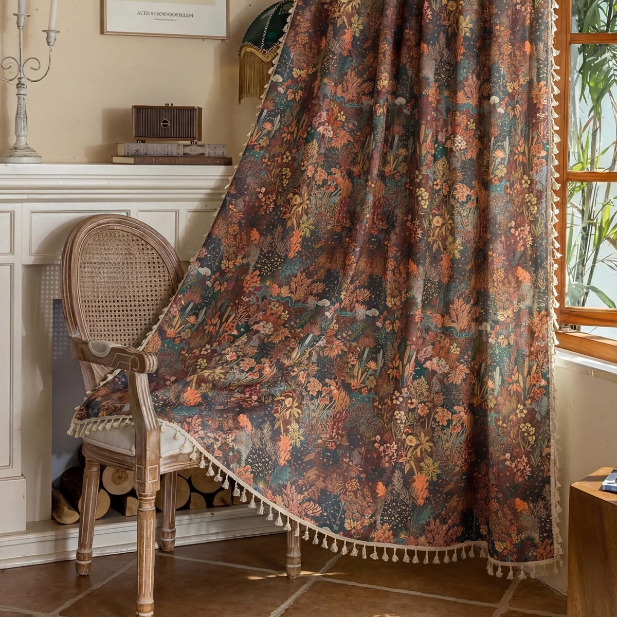 ENJOYBRIDAL Floral Curtains 84 Inch Long Living Room Boho Drapes Bedroom 2 Panels Semi Sheer Floor Length Window Curtain Panels Vintage Rod Pocket Tassel Farmhouse Nursery Window Treatments