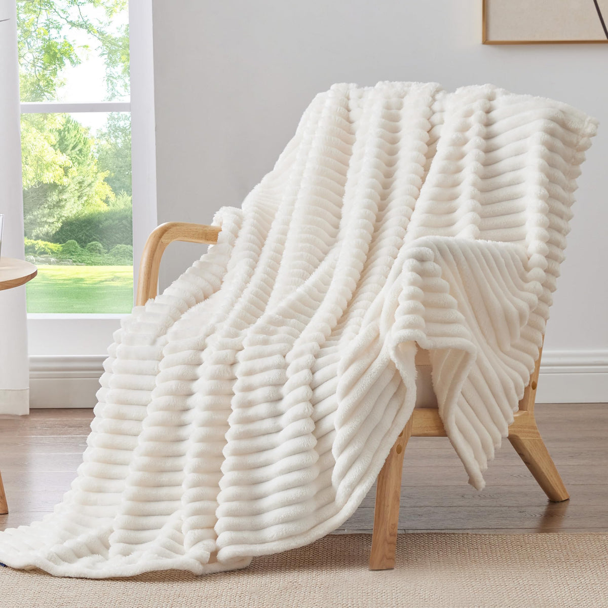 BEDELITE Ribbed Fleece Throw Blanket for Couch, Cream, 50"x60"