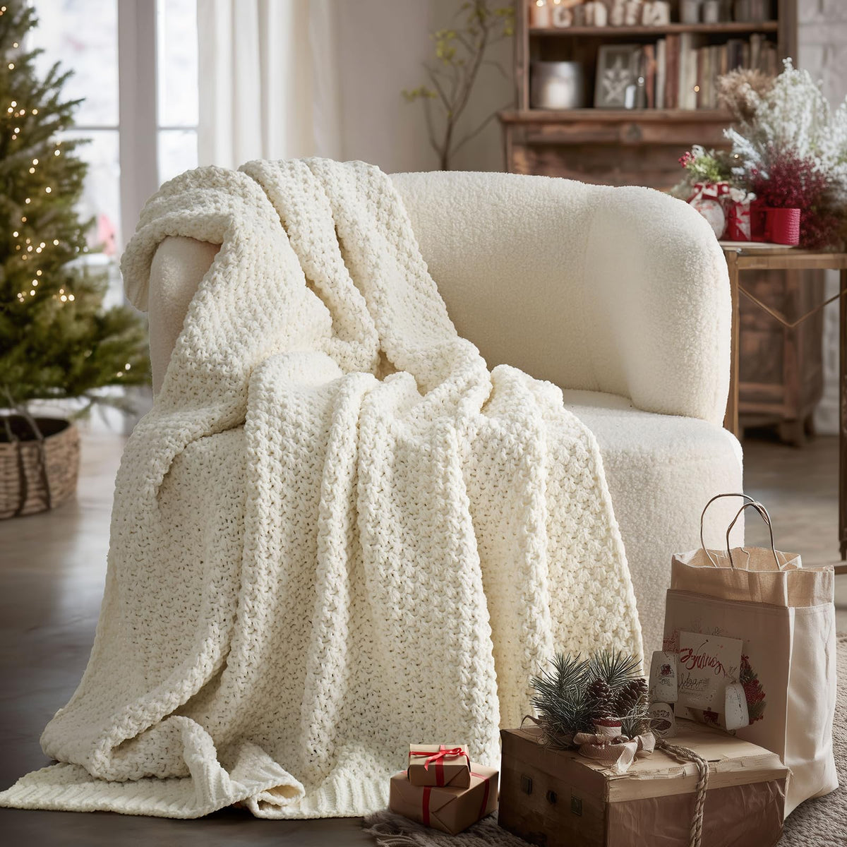 EVERGRACEHOME Chunky Chenille Knit Throw Blanket, 50 x 60, Olive Green