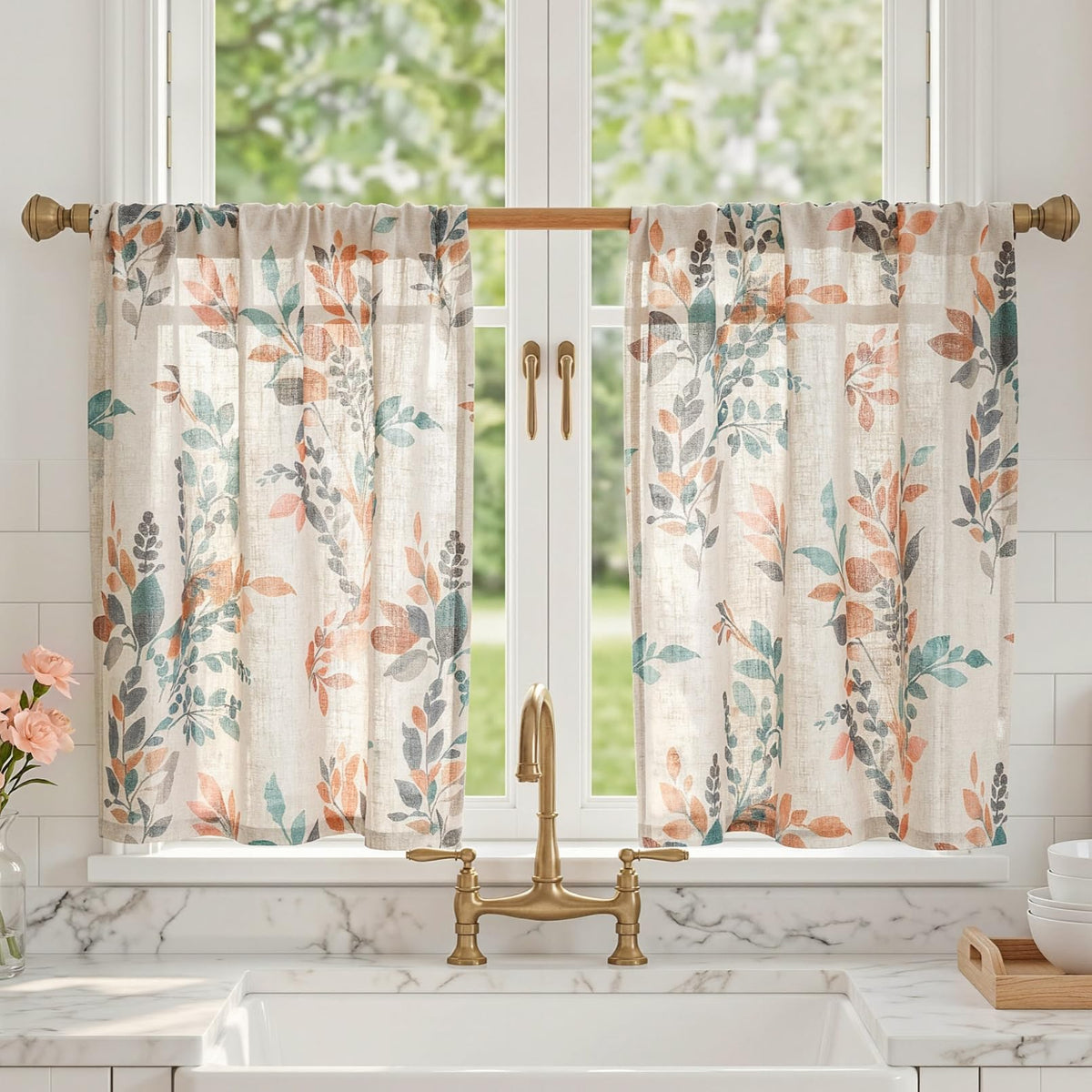 MYSKY HOME Floral Curtains 72 inch for Living Room Linen Semi Sheer Light Filtering Privacy Protect Lightweight Drapes Decor Farmhouse Soft Touch for Dining Room, Yellow, 52" Wide, 2 Panels