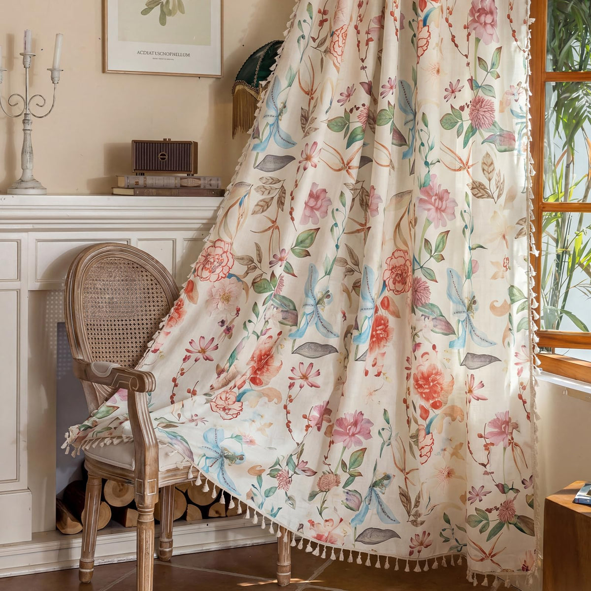 ENJOYBRIDAL Floral Curtains 84 Inch Long Living Room Boho Drapes Bedroom 2 Panels Semi Sheer Floor Length Window Curtain Panels Vintage Rod Pocket Tassel Farmhouse Nursery Window Treatments
