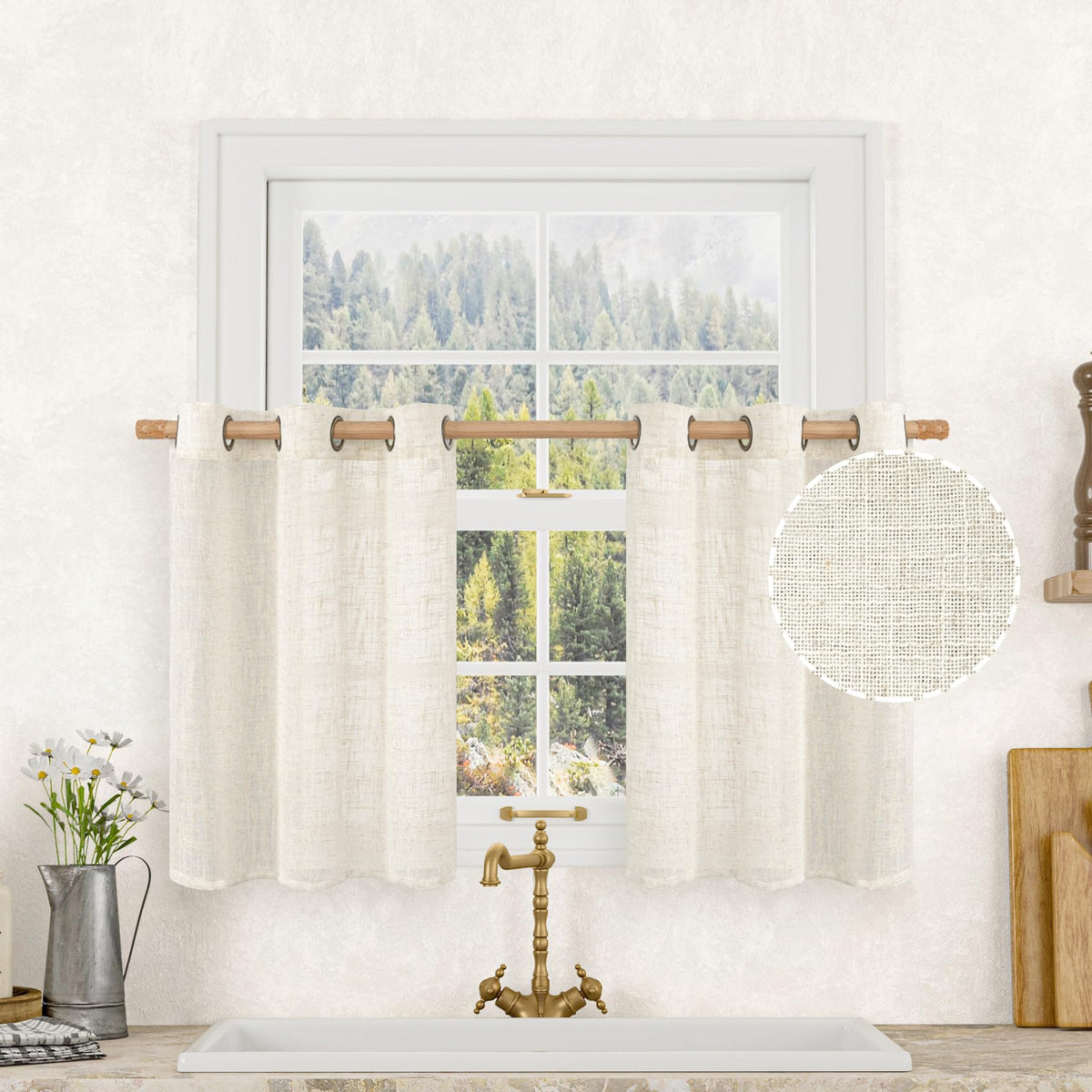 LAMIT Cream Ivory Linen Semi Sheer Curtains 84 inch Length for Bedroom