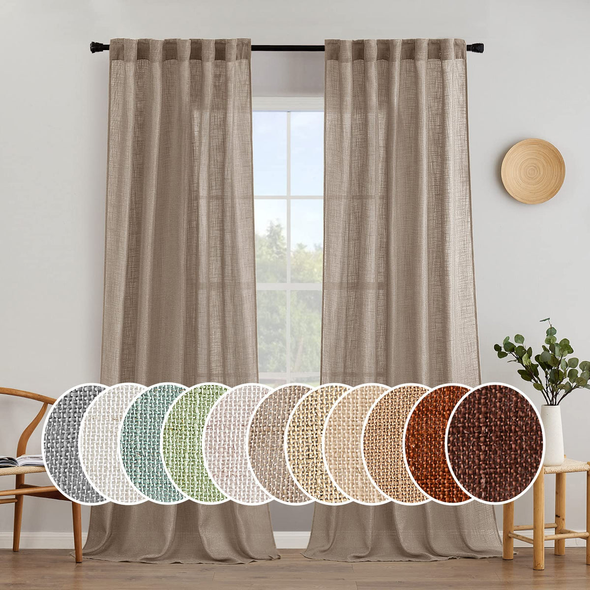 MIULEE Taupe Linen Curtains 52x84 Inch Length for Bedroom and Living Room