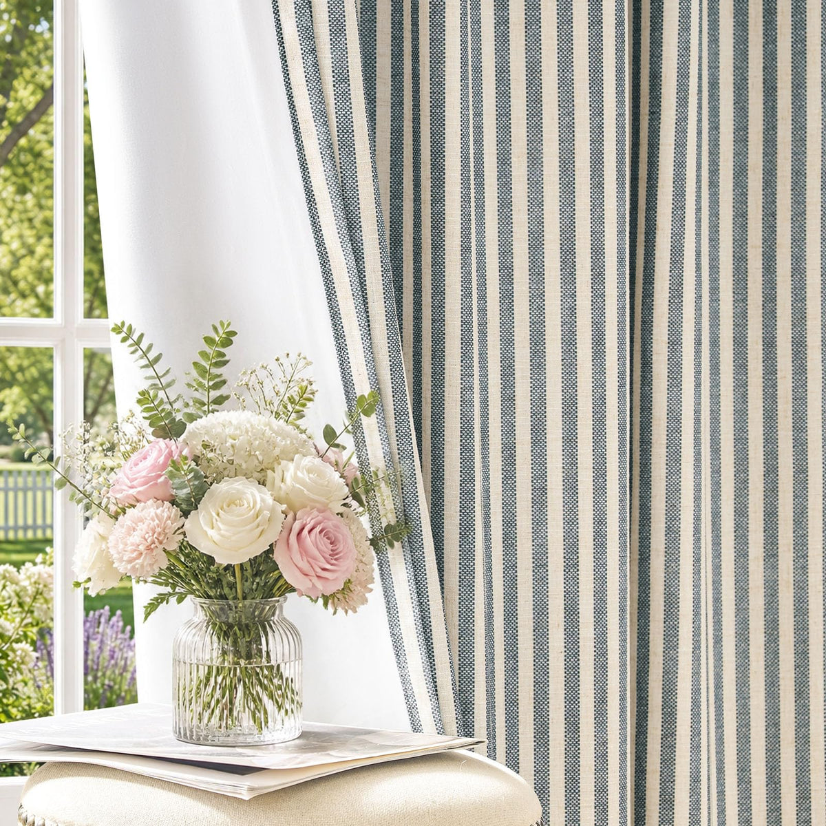 jinchan Linen Curtains 84 Inch Taupe Grey Stripe on Beige Grommet 2 Panels