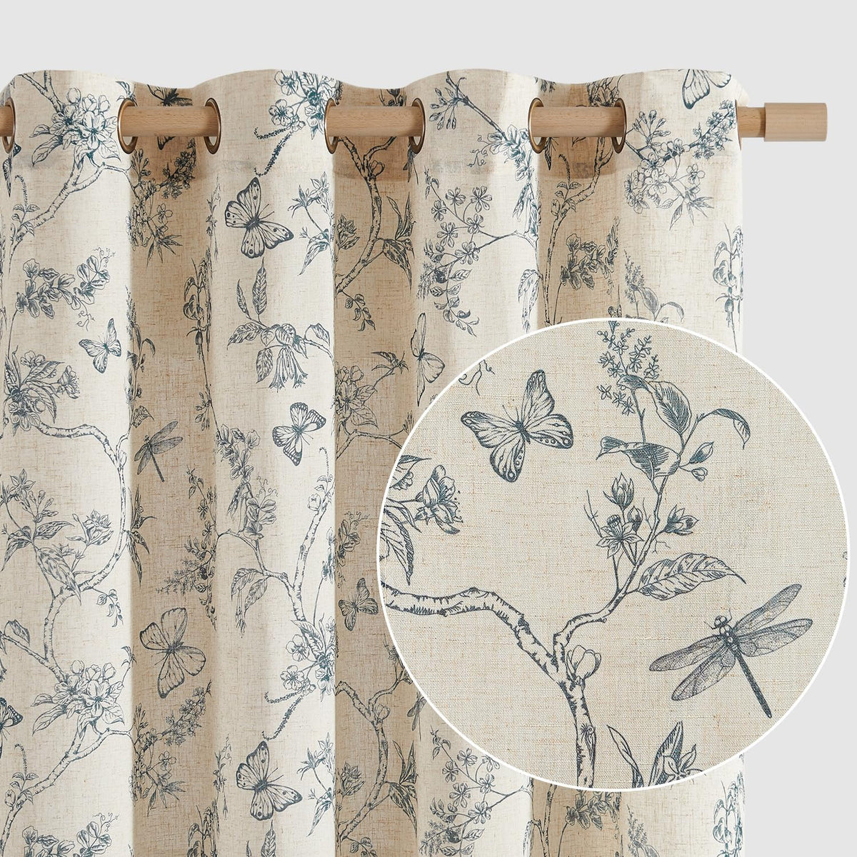 Lazzzy Grey Floral Linen Curtains Farmhouse Grommet Top 50W X 63L 2 Panels