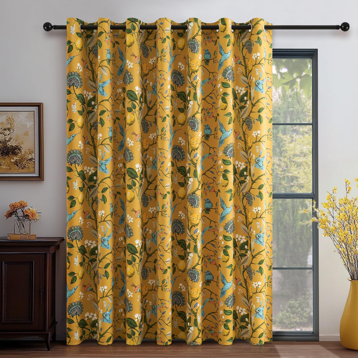 Topfinel Mustard Yellow Vintage Curtains & Drapes 84 Inches Long, Grommet Luxury Whimsical Floral Lemon Hummingbird Patterned Waverly Mid Century Colorful Blackout Drapes for Living Room Bedroom