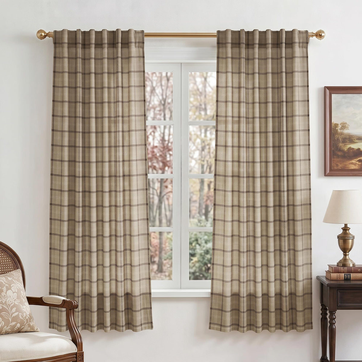 NICETOWN Moss Green Linen Plaid Curtains 96 inches Long for Bedroom
