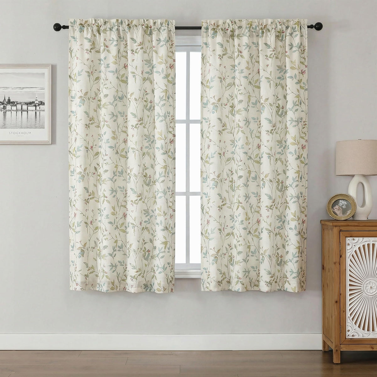 Chyhomenyc Roman Linen Blend Curtains 45 Inch Length 2 Panels, Light Filtering Soft Airy Leaf Floral Printed Rod Pocket Textured Window Treatment Drapes for Living Room Bedroom, 38Wx45L Inch, 2 PCS