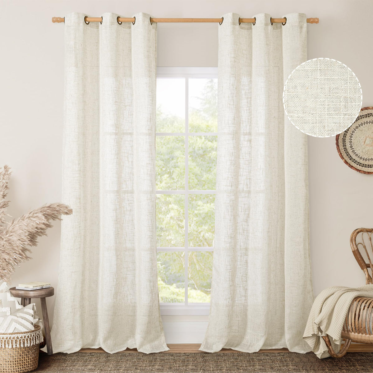 LAMIT Cream Ivory Linen Semi Sheer Curtains 84 inch Length for Bedroom