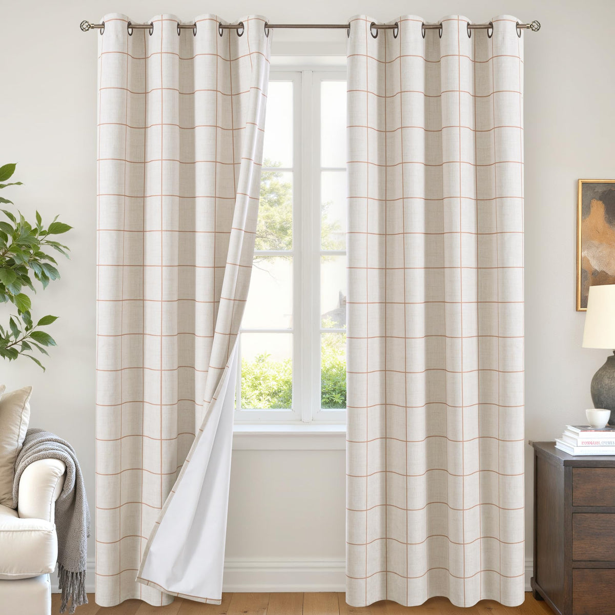 Lajode Linen Blackout Curtains - Boho Plaid 52x84 Inch 2 Panels, Natural