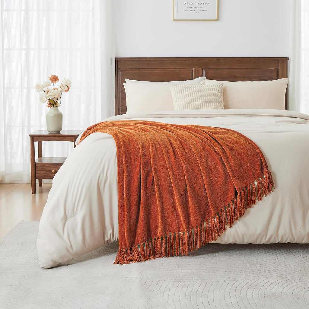 CozeCube Chenille Throw Blanket, Rust Orange Fringe Blanket, 50"X60"