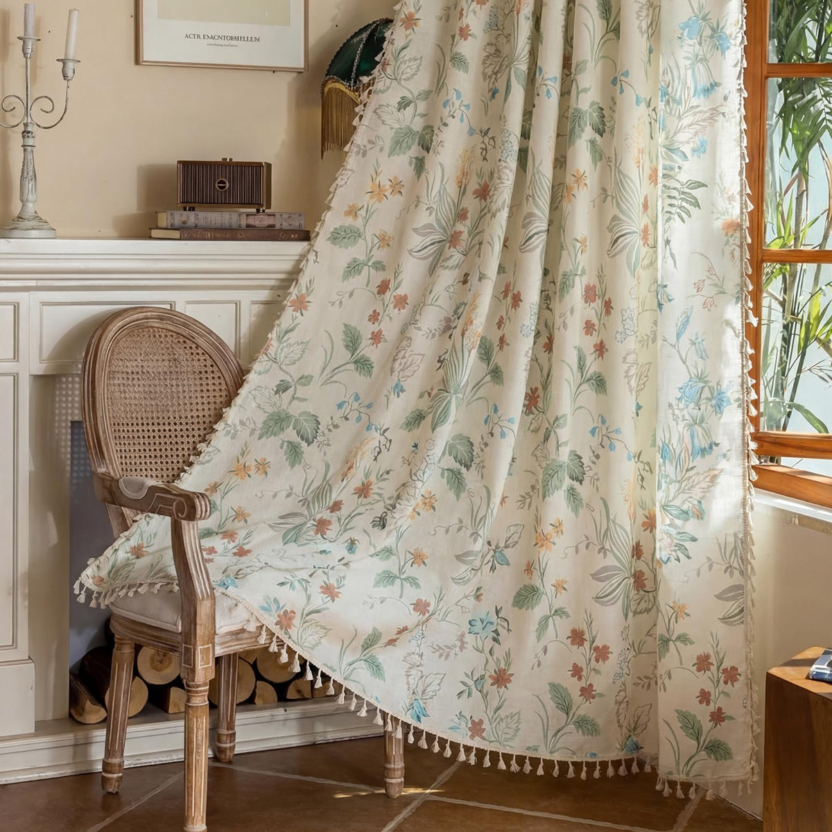 ENJOYBRIDAL Floral Curtains 84 Inch Long Living Room Boho Drapes Bedroom 2 Panels Semi Sheer Floor Length Window Curtain Panels Vintage Rod Pocket Tassel Farmhouse Nursery Window Treatments