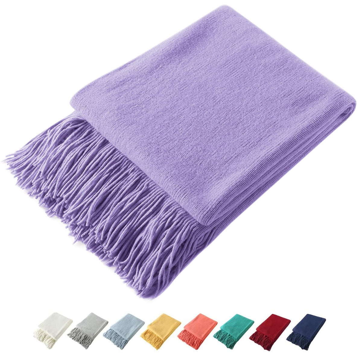 Homiest Pale Blue Knitted Throw Blanket with Fringe, 50x60 Inch