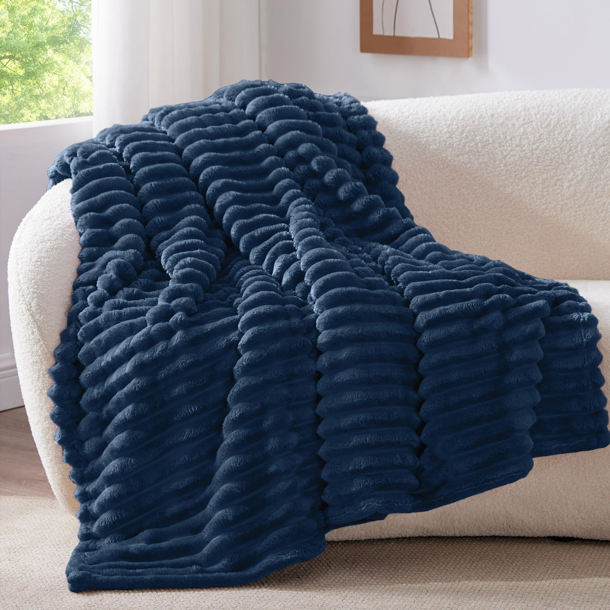 BEDELITE Ribbed Fleece Throw Blanket for Couch, Cream, 50"x60"