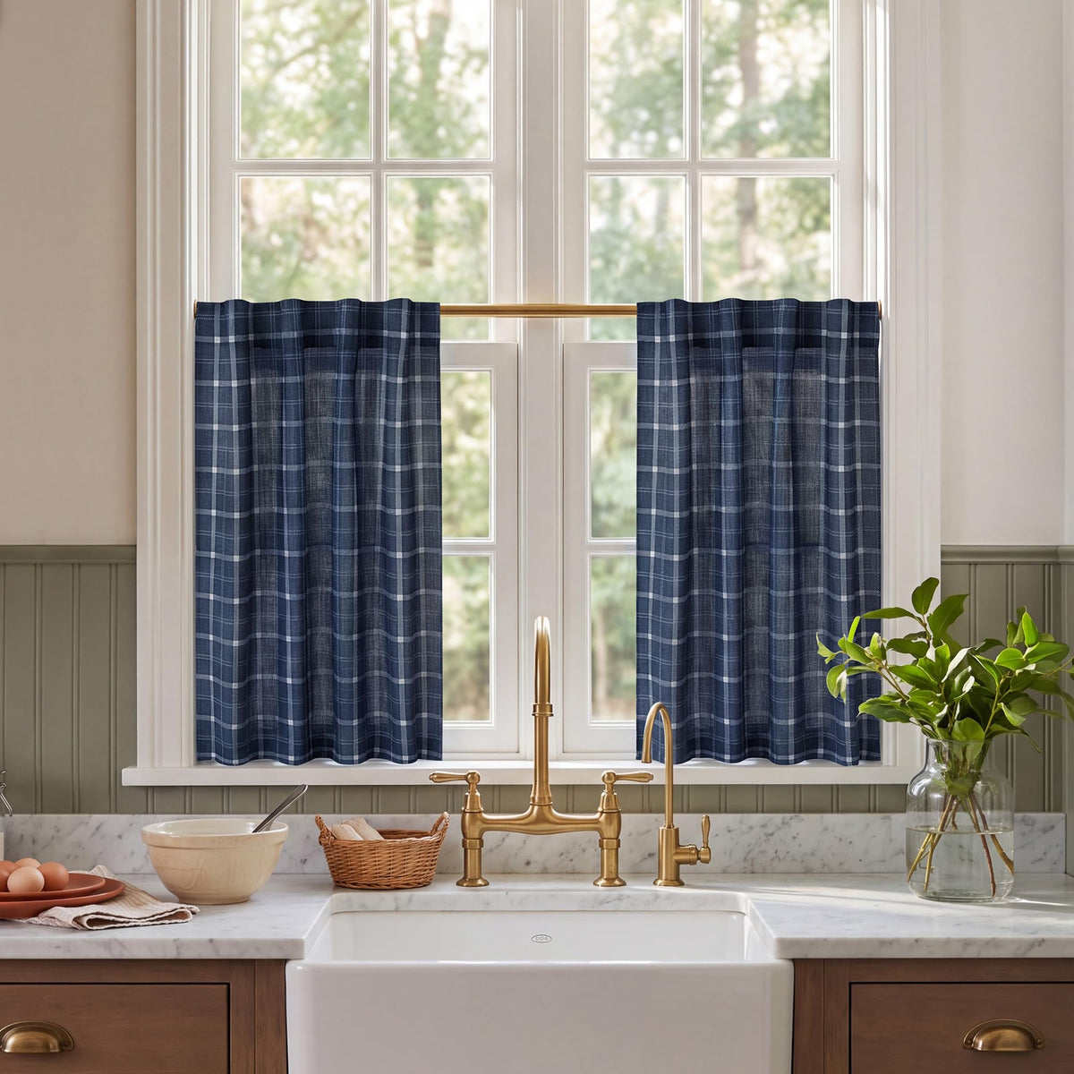 NICETOWN Moss Green Linen Plaid Curtains 96 inches Long for Bedroom