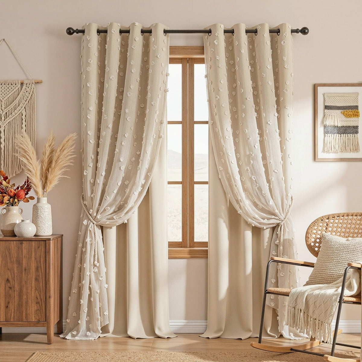 MYSKY HOME Beige Boho Curtains for Living Room 84 Inches Long Blackout Bohemian Curtains 2 Panels Beige Pom Pom Sheer Thermal Insulated Rustic Grommet Privacy Room Darkening Window Drapes 52" x 84"