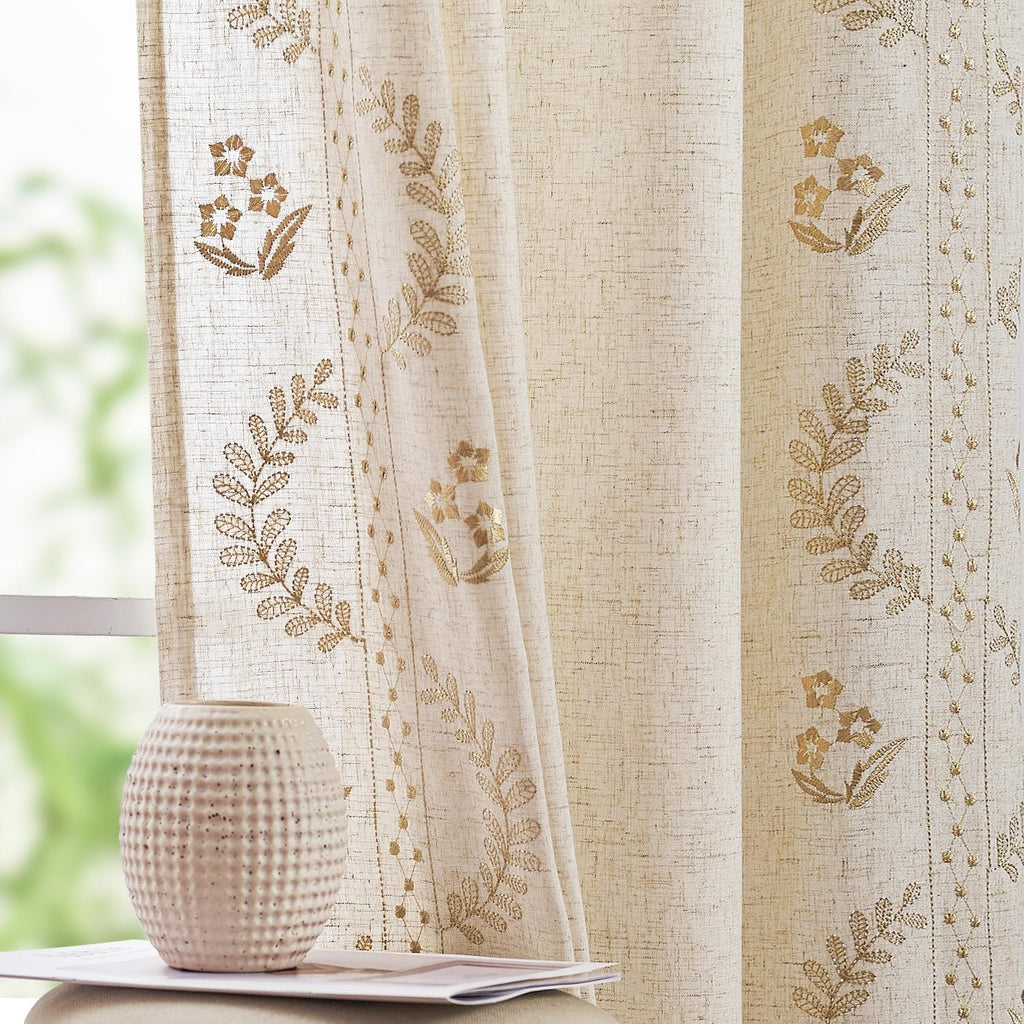 jinchan Floral Linen Curtains 84 Inch Farmhouse Back Tab 2 Panels