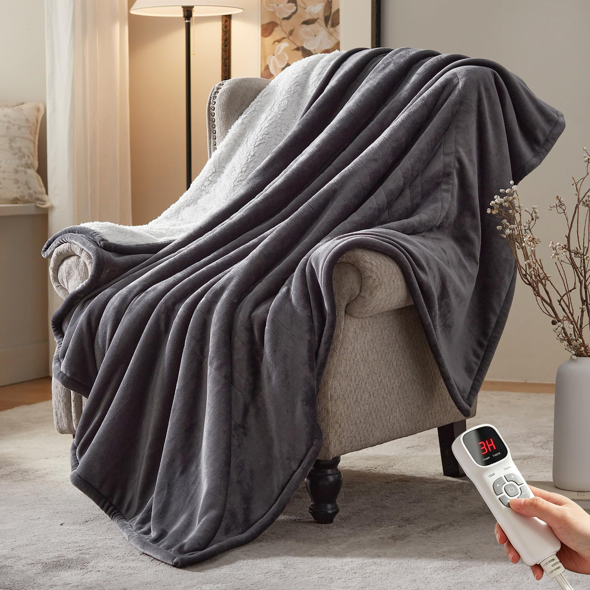 Electric Heated Blanket,50"x60" Heating Throw Flannel London Grey