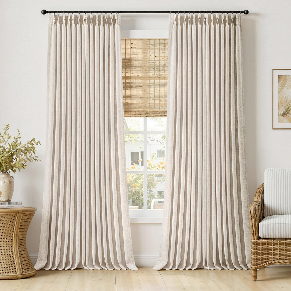 MIULEE Pinch Pleated Linen Curtains 96 Inches Long Beige White 2 Panels