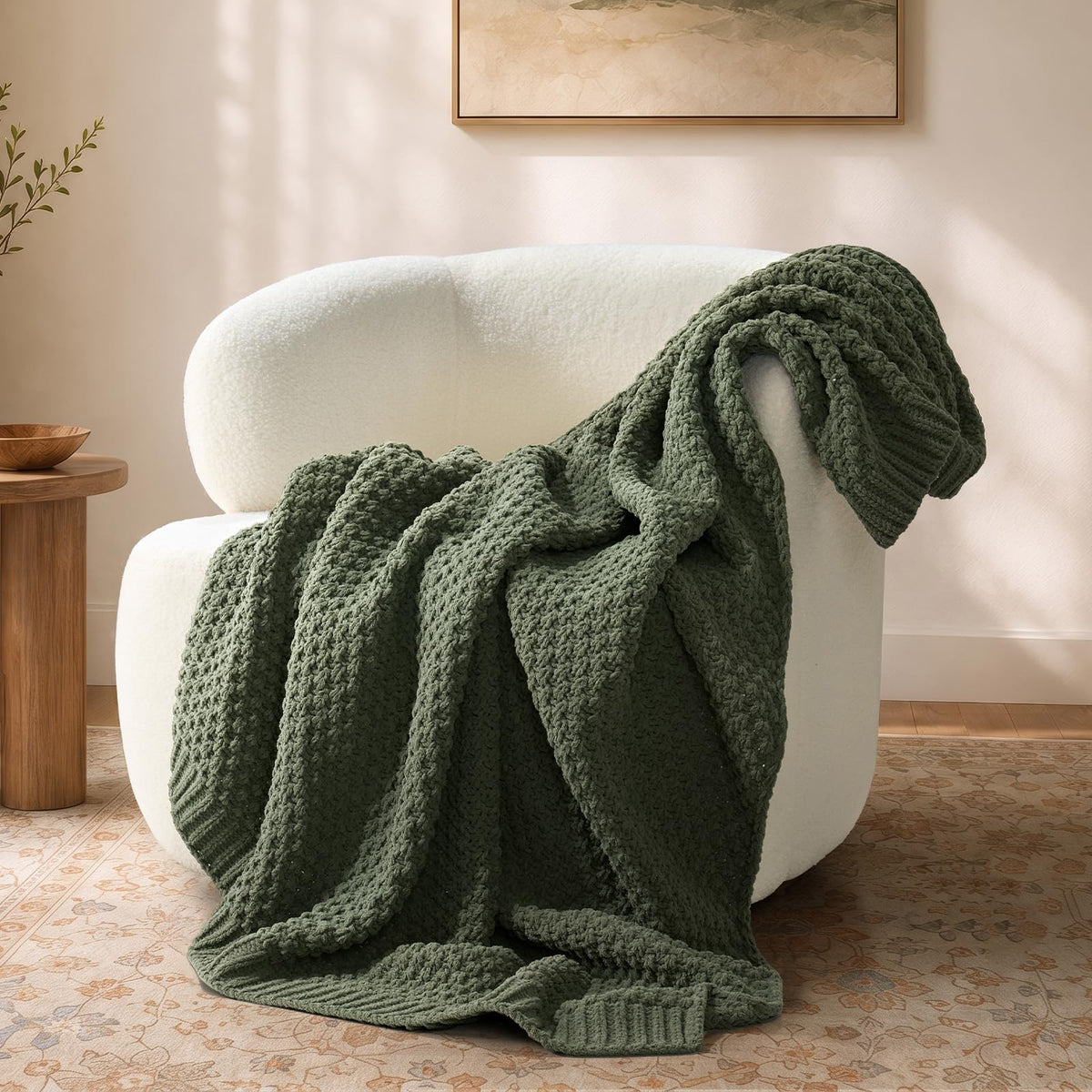 EVERGRACEHOME Chunky Chenille Knit Throw Blanket, 50 x 60, Olive Green