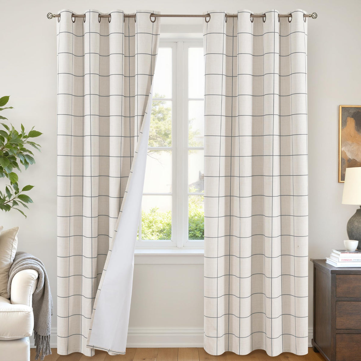 Lajode Linen Blackout Curtains - Boho Plaid 52x84 Inch 2 Panels, Natural