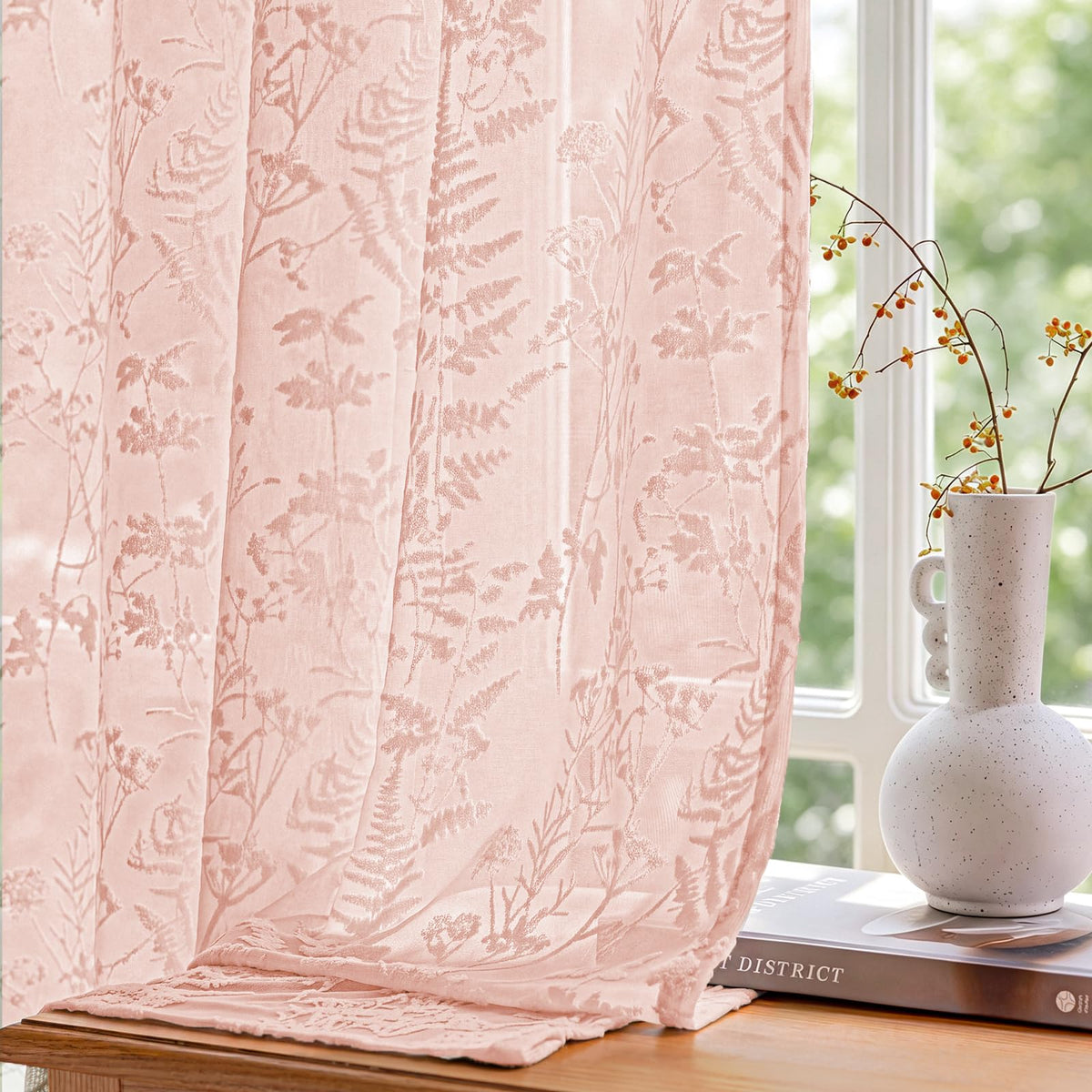 Beige 3D Floral Semi Sheer Curtains, 52W x 84L, 2 Panels