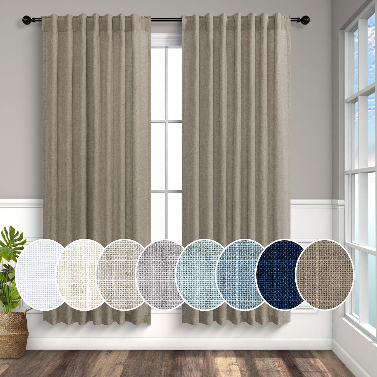 Natural Linen Back Tab Curtains 84 Inch Length for Living Room 2 Panel Pocket Drape Light Filtering Semi Sheer Neutral Country Rustic Farmhouse Boho Curtain Bedroom Muslin Look Ivory Cream Colored